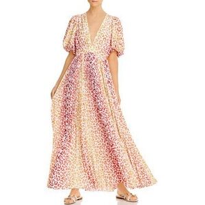 Rococo Sand Women's Orange White Leopard V-Neck Puff-Sleeve Maxi Dress XS